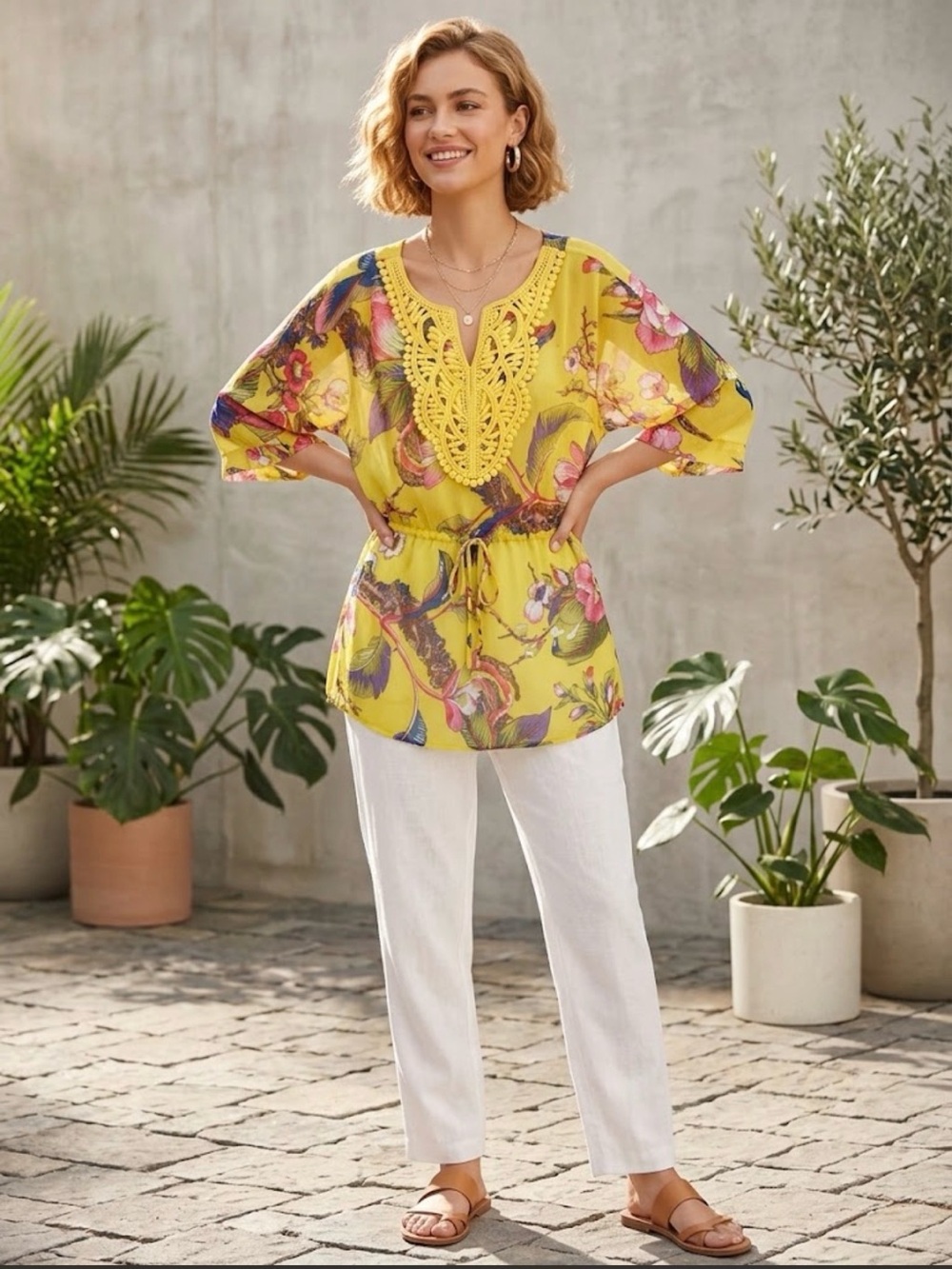Forever 21 Yellow Floral Crochet-Trim Tunic. NWOT